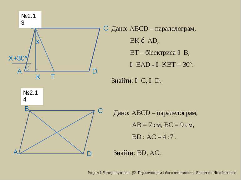 D С В А х Х+30° К Т Дано: АВСD – паралелограм, ВK ⊥ АD, ВТ – бісектриса ∠В, ∠...