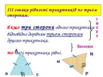 III ознака рівності трикутників по трьом сторонам. Якщо три сторони одного тр...