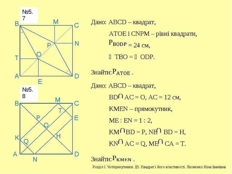 А В С D Р О М Е Т N Дано: АВСD – квадрат, АТОЕ і СNРМ – рівні квадрати, = 24 ...