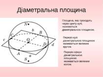 Діаметральна площина Площина, яка проходить через центр кулі, називається діа...
