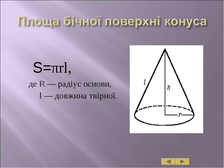S=πrl, де R — радіус основи, l — довжина твірної.