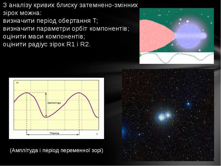 З аналізу кривих блиску затемнено-змінних зірок можна: визначити період оберт...