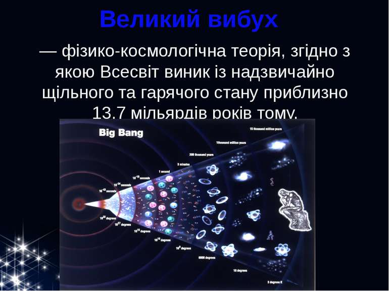 Великий вибух   — фізико-космологічна теорія, згідно з якою Всесвіт виник із ...