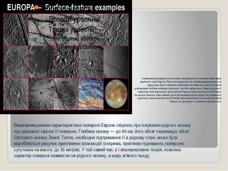 Вишеприведенние характеристики поверхні Європи свідчать про існування рідкого...