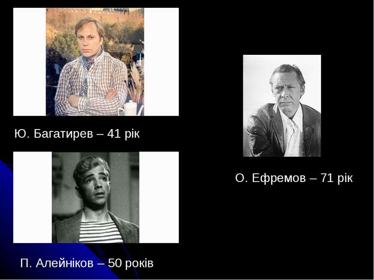 Ю. Багатирев – 41 рік П. Алейніков – 50 років О. Ефремов – 71 рік