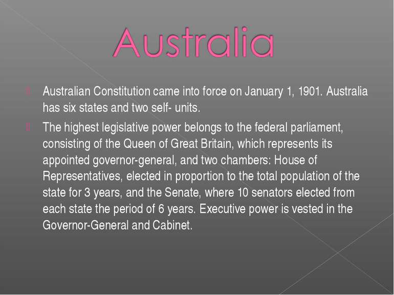 Australian Constitution came into force on January 1, 1901. Australia has six...