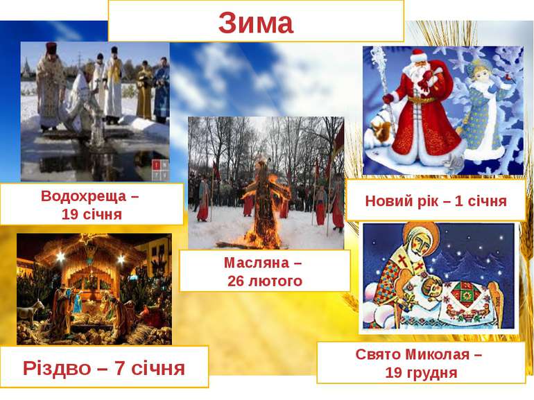 Зима Водохреща – 19 січня Свято Миколая – 19 грудня Різдво – 7 січня Новий рі...