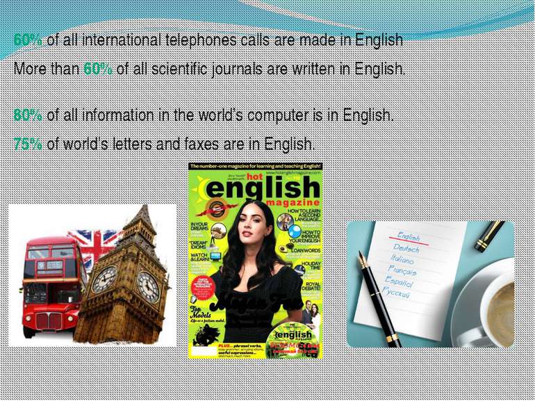 60% of all international telephones calls are made in English More than 60% o...