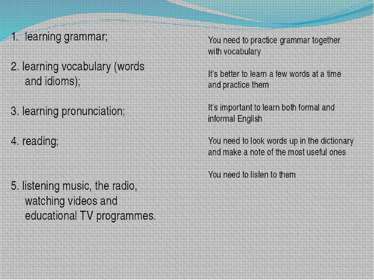 learning grammar; 2. learning vocabulary (words and idioms); 3. learning pron...