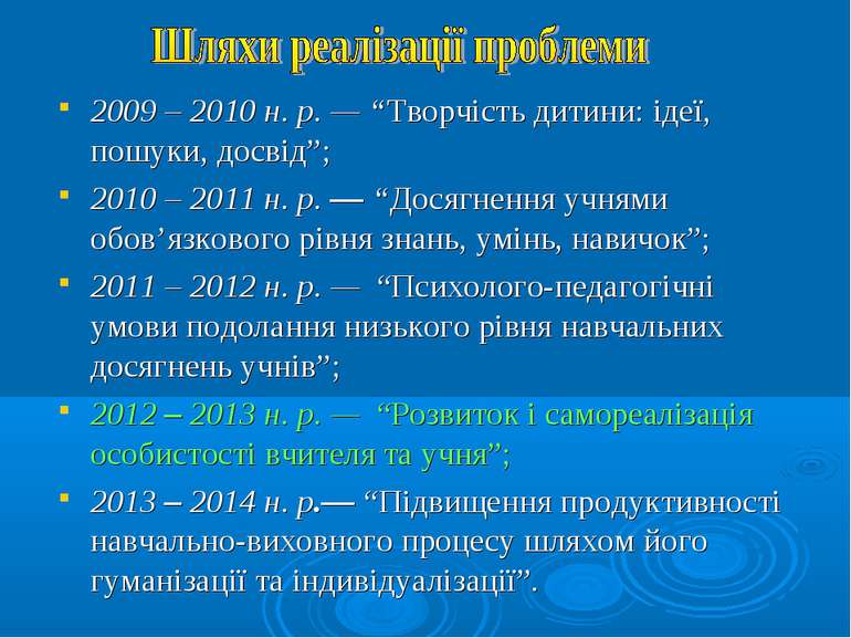 2009 – 2010 н. р. — “Творчість дитини: ідеї, пошуки, досвід”; 2010 – 2011 н. ...