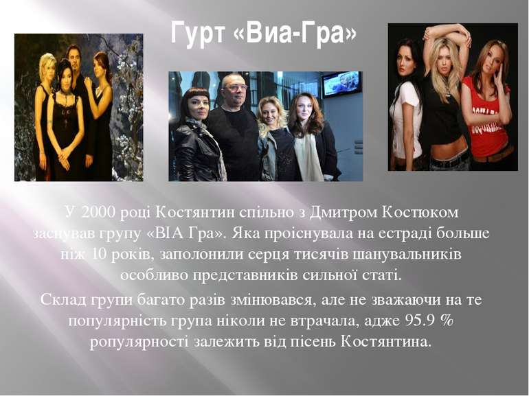 Гурт «Виа-Гра» У 2000 році Костянтин спільно з Дмитром Костюком заснував груп...