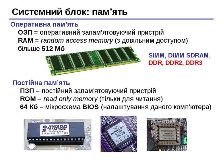 Системний блок: пам’ять SIMM, DIMM SDRAM, DDR, DDR2, DDR3 Оперативна пам’ять ...