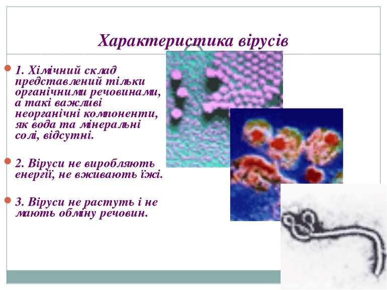Характеристика вірусів 1. Хімічний склад представлений тільки органічними реч...