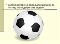 Балаба Дмитро,12 років,відповідальний за чистоту класу,добре грає футбол.