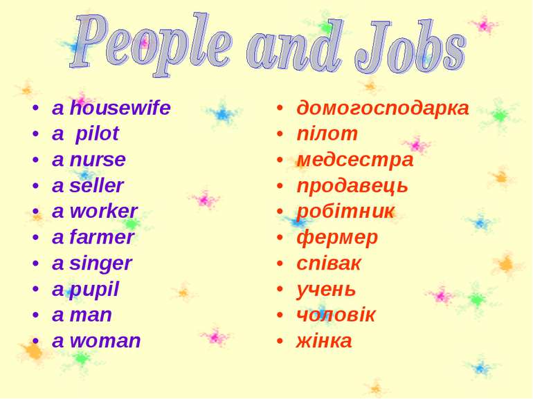 a housewife a pilot a nurse a seller a worker a farmer a singer a pupil a man...