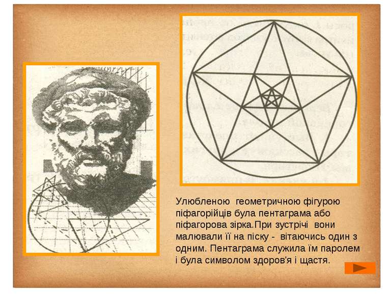 Улюбленою геометричною фігурою піфагорійців була пентаграма або піфагорова зі...