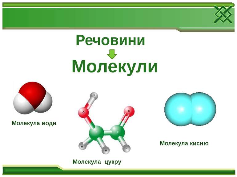 Речовини Молекули Молекула води Молекула цукру Молекула кисню