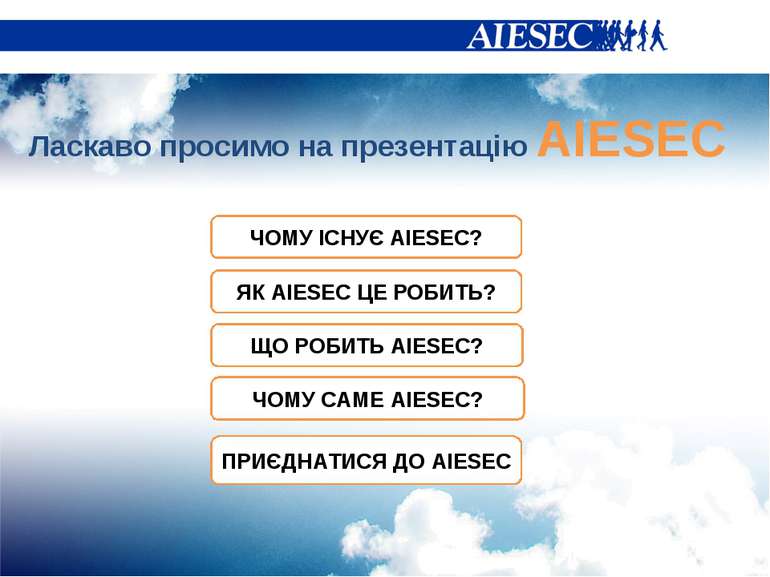 Ласкаво просимо на презентацію AIESEC ЧОМУ ІСНУЄ AIESEC? ЩО РОБИТЬ AIESEC? ЧО...
