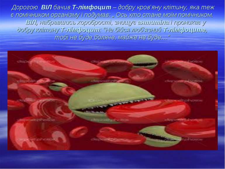 Дорогою ВІЛ бачив Т-лімфоцит – добру кров’яну клітину, яка теж є помічником о...