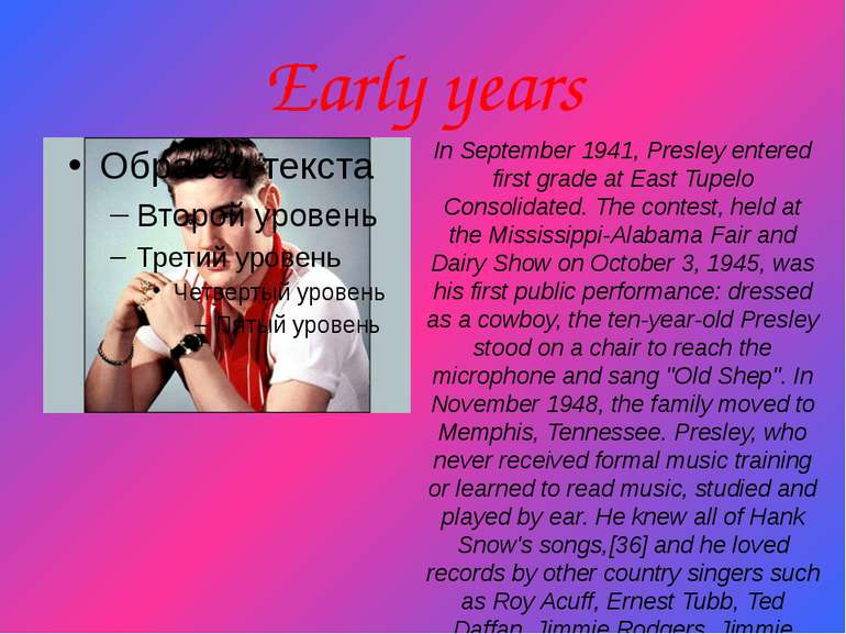 Early years In September 1941, Presley entered first grade at East Tupelo Con...