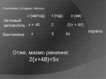 Розв'язання. Складемо таблицю: Отже, маємо рівняння: 2(х+48)=5х v (км/год) t ...