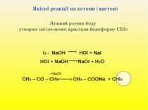Якісні реакції на кетони (ацетон) Лужний розчин йоду утворює світло-жовті кри...