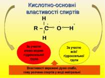Кислотно-основні властивості спиртів R – C O H δ- δ+ δ+ H H ∙ ∙ ∙ ∙ За участю...