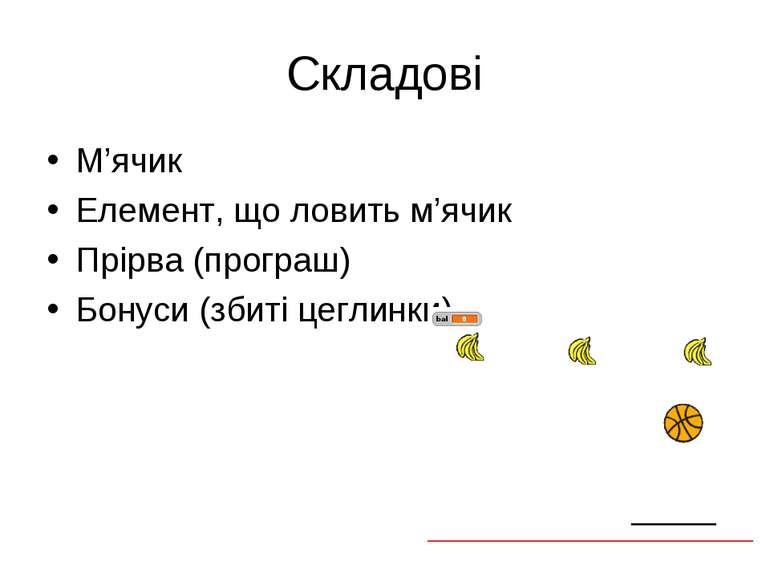 Складові М’ячик Елемент, що ловить м’ячик Прірва (програш) Бонуси (збиті цегл...