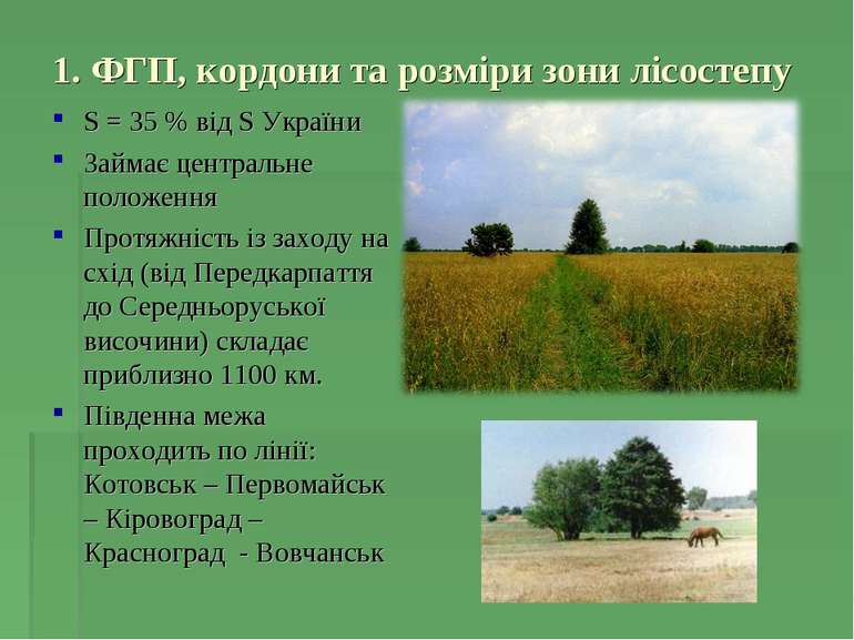 1. ФГП, кордони та розміри зони лісостепу S = 35 % від S України Займає центр...