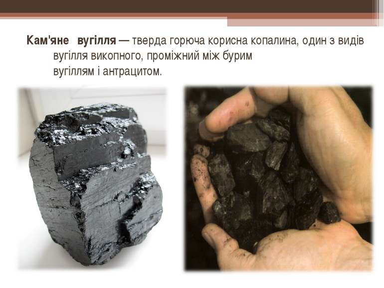 Кам'яне вугілля — тверда горюча корисна копалина, один з видів вугілля викопн...