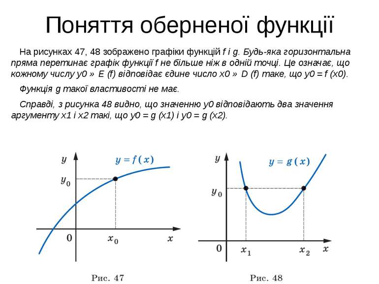 Поняття оберненої функції На рисунках 47, 48 зображено графіки функцій f і g....