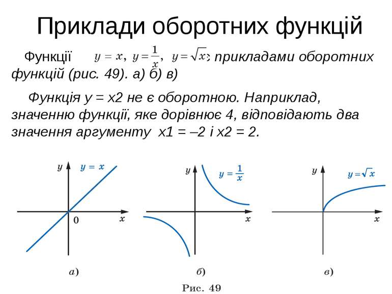Приклади оборотних функцій Функції є прикладами оборотних функцій (рис. 49). ...
