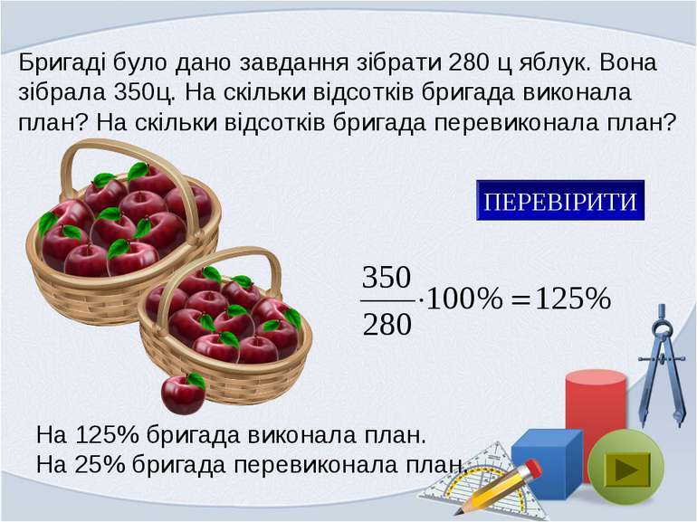 Бригаді було дано завдання зібрати 280 ц яблук. Вона зібрала 350ц. На скільки...