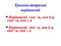Тригонометричні нерівності Нерівності cost >a, cost ≥ a, cost a, sint ≥ a, sint