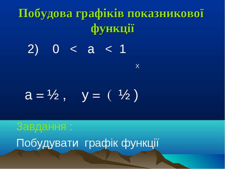 Побудова графіків показникової функції 2) 0 < a < 1 Х a = ½ , у = ( ½ ) Завда...
