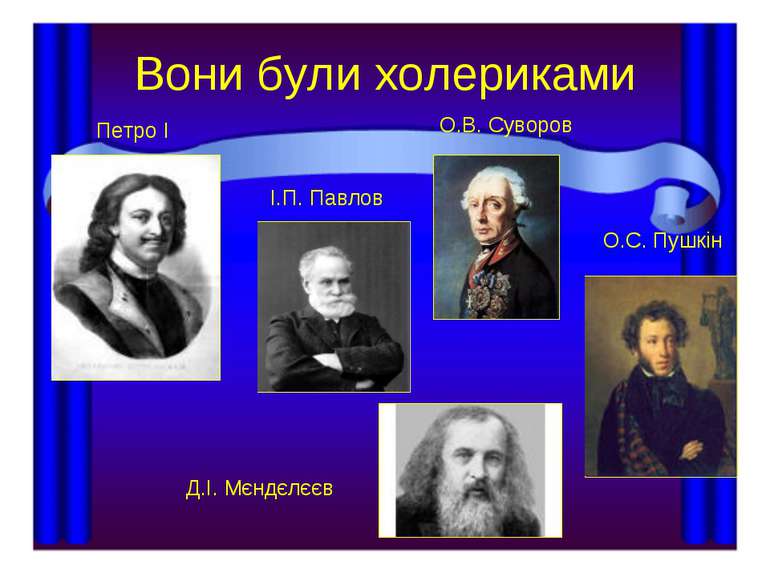 Вони були холериками Петро I І.П. Павлов О.В. Суворов Д.І. Мєндєлєєв О.С. Пушкін