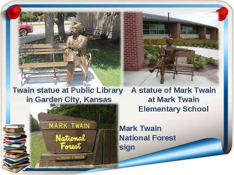 Twain statue at Public Library in Garden City, Kansas Mark Twain National For...