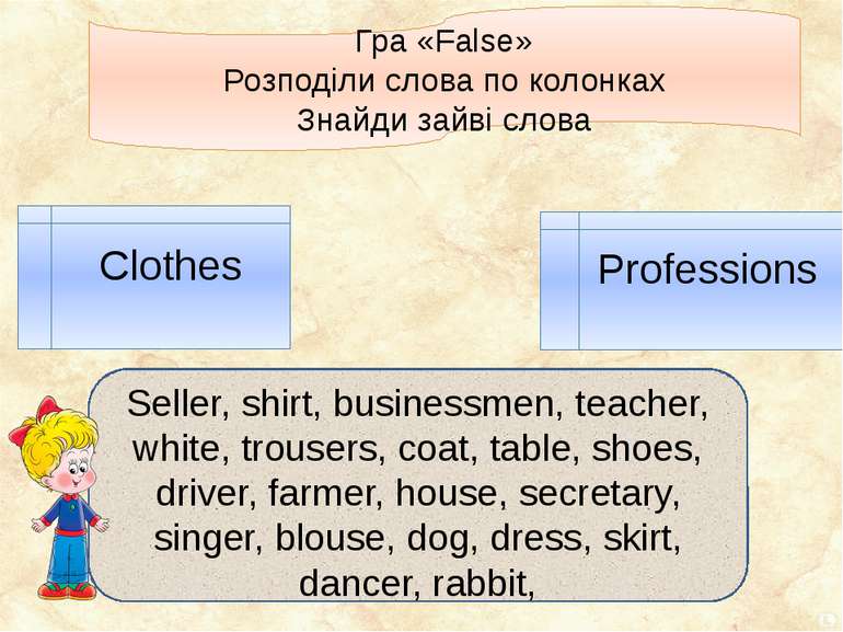 Гра «False» Розподіли слова по колонках Знайди зайві слова Clothes Profession...
