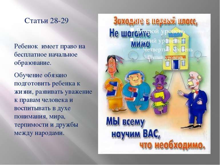 Статьи 28-29 Ребенок имеет право на бесплатное начальное образование. Обучени...