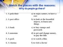 Match the places with the reasons: Why do people go there?