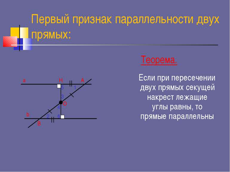 Первый признак параллельности двух прямых: Если при пересечении двух прямых с...