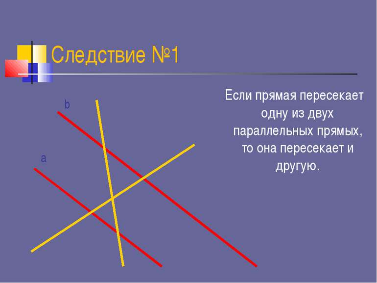 Следствие №1 Если прямая пересекает одну из двух параллельных прямых, то она ...