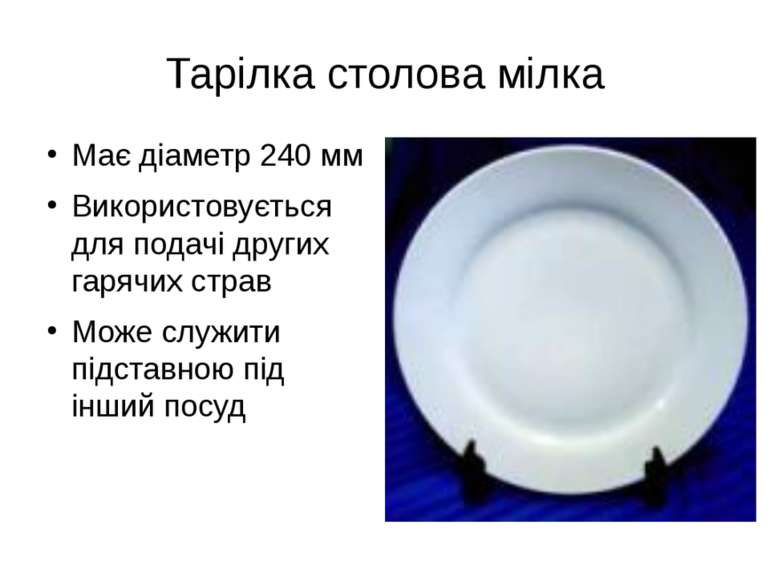 Тарілка столова мілка Має діаметр 240 мм Використовується для подачі других г...