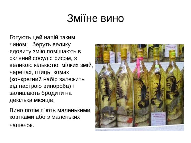 Зміїне вино Готують цей напій таким чином: беруть велику ядовиту змію поміщаю...