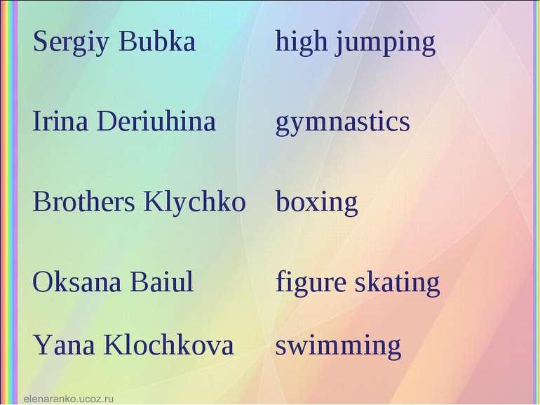 Sergiy Bubka high jumping Irina Deriuhina gymnastics Brothers Klychko boxing ...
