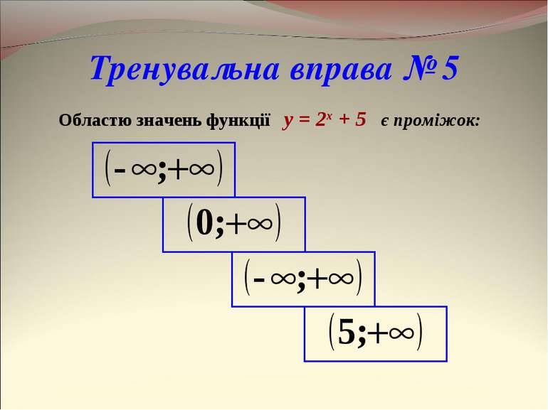 Тренувальна вправа № 5 Областю значень функції y = 2x + 5 є проміжок: