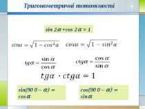 Тригонометричні тотожності cos(90 0 – a) = sina sin 2a +cos 2a = 1 sin(90 0 –...
