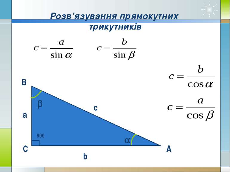 В С А c а b a b 900 Розв’язування прямокутних трикутників