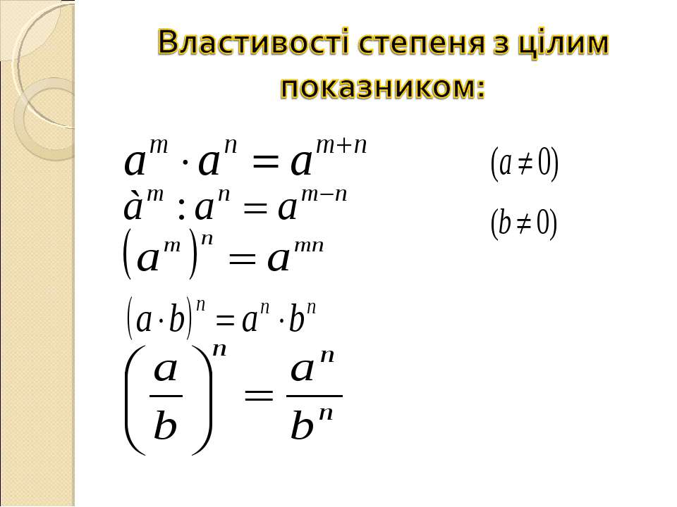 Действия со степенями. Властивості степенів. Степінь з натуральним показником. Властивості степеня з натуральним показником. Степінь з цілим показником та його властивості.