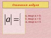 Означення модуля a, якщо a > 0; 0, якщо а = 0; -а, якщо а < 0.